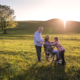 Rente bei Krankheit und Unfall: Großeltern und Enkel auf der Weide am spazieren. Das junge Mädchen hält die Oma auf dem Rollstuhl an den Schultern fest und lächelt Sie an.